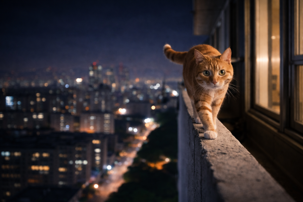 חתול הולך על אדן חלון גבוה